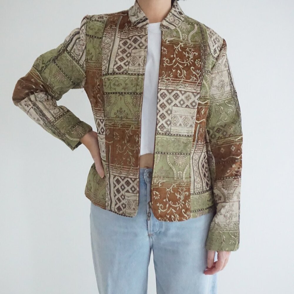 Dressbarn Olive Brown Tapestry Floral Patchwork Zip Blazer Gorpcore Jacket S